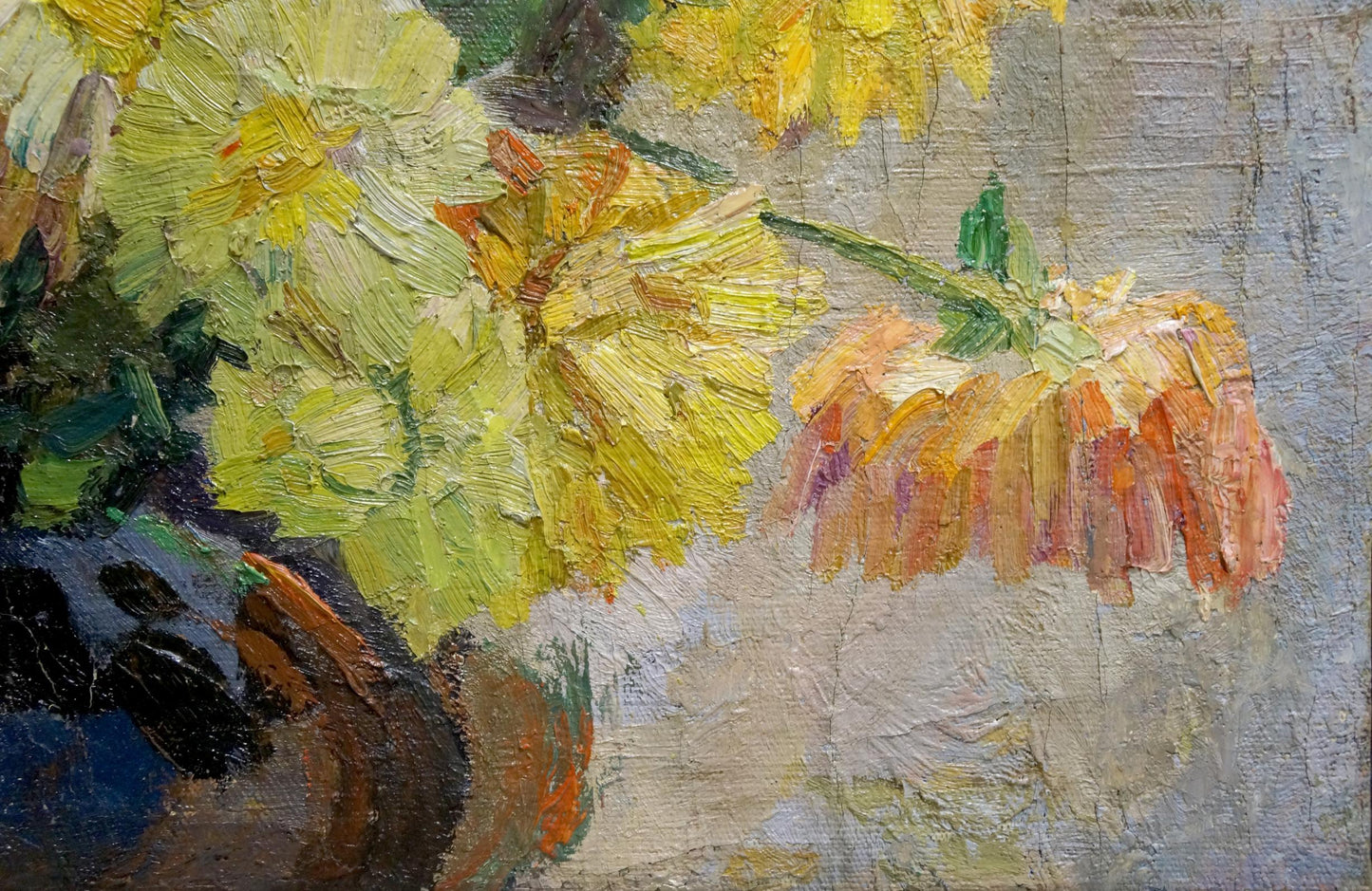 Vibrant yellow orange daffodils oil painting in impressionistic textured style