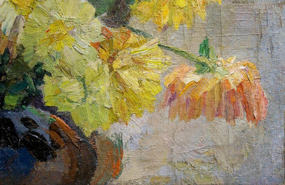 Vibrant yellow orange daffodils oil painting in impressionistic textured style