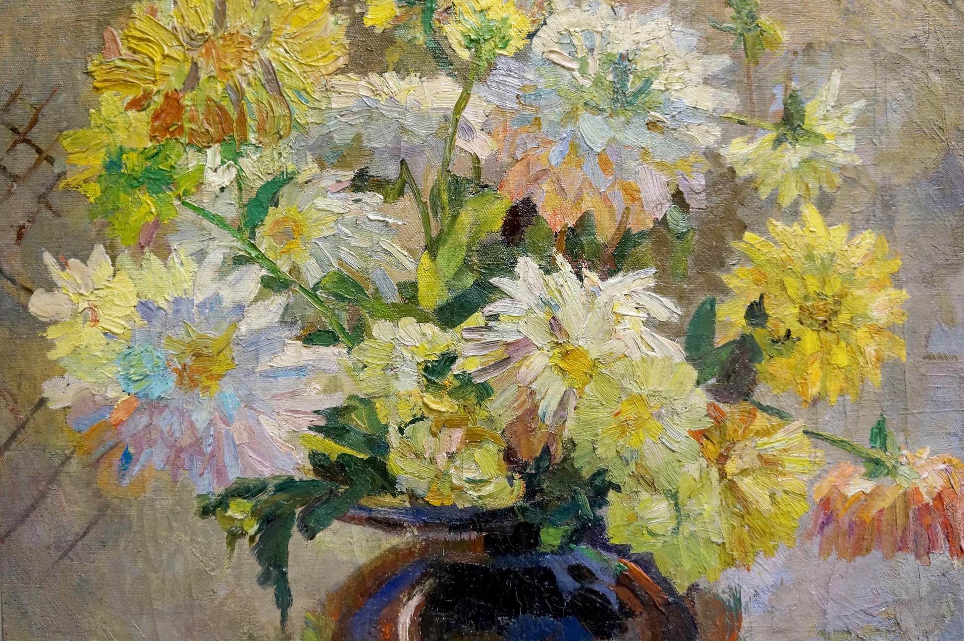 Oil painting of vibrant yellow and white daisies in dark blue vase