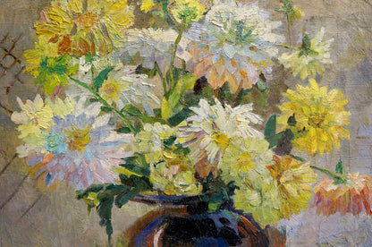 Oil painting of vibrant yellow and white daisies in dark blue vase