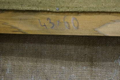 Back of Oil painting Daisies with 43x60 measurements on wooden beam