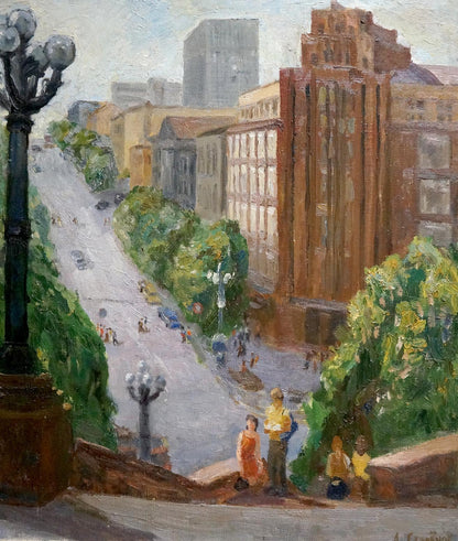 Vibrant oil painting of city street by Semenov Arseny Nikiforovich