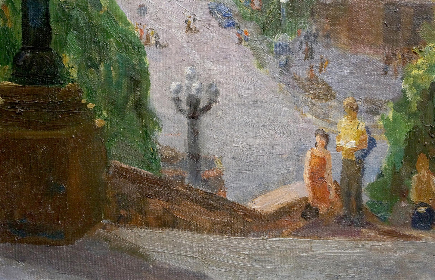 A warm-toned oil painting depicts a bustling street scene with figures in soft, impressionistic brushstrokes.