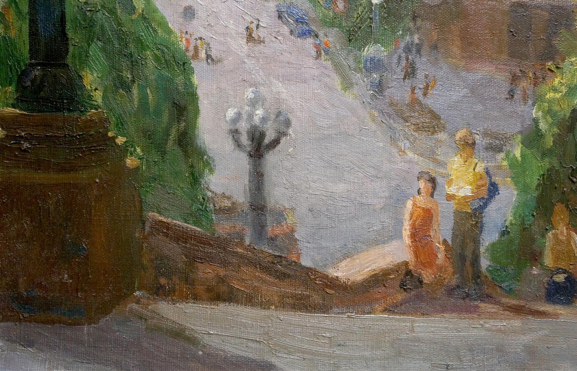 A warm-toned oil painting depicts a bustling street scene with figures in soft, impressionistic brushstrokes.