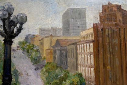 Oil painting of black wrought iron street lamp with spherical globes by Semenov Arseny Nikiforovich