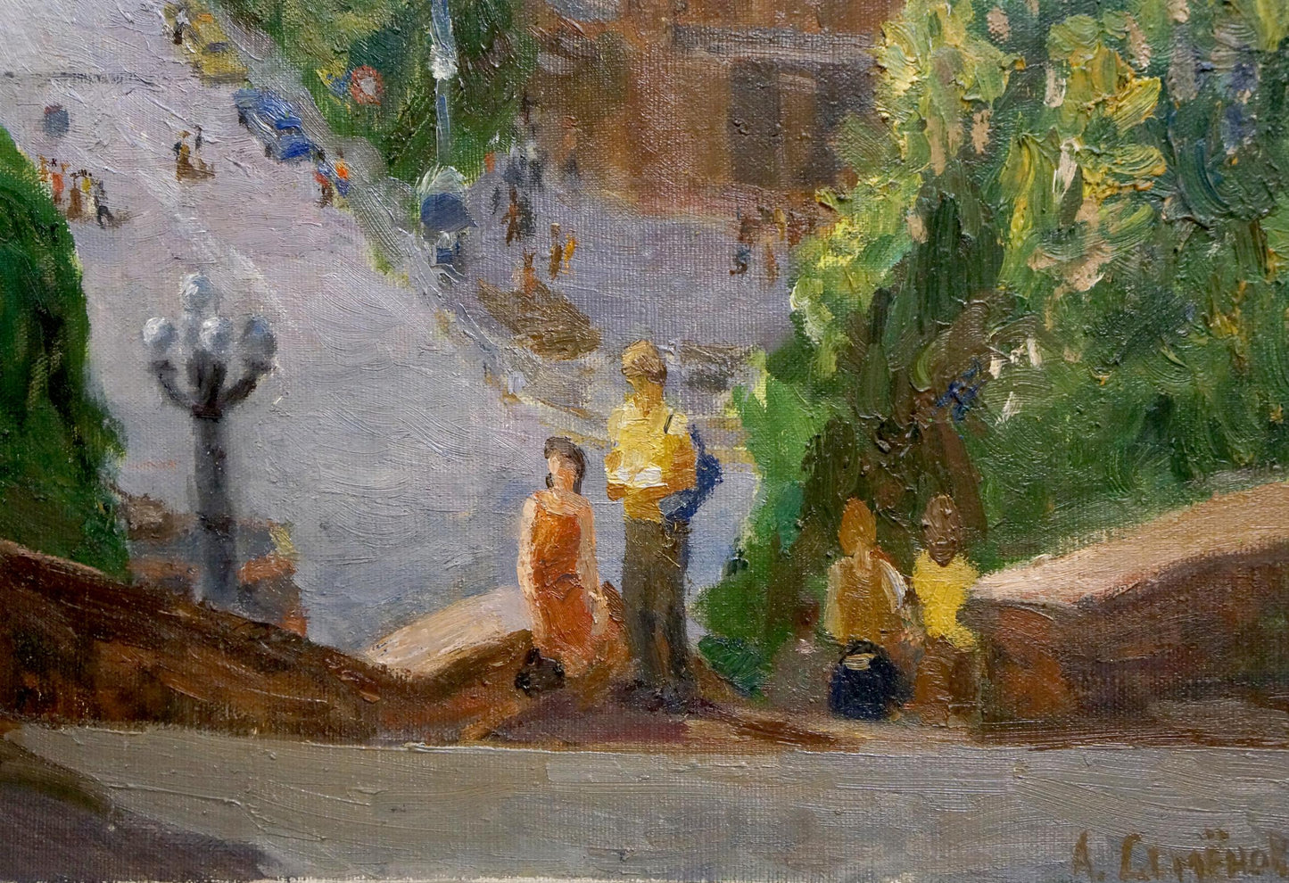 Vibrant impressionist oil painting by Semenov Arseny Nikiforovich, lively city street scene