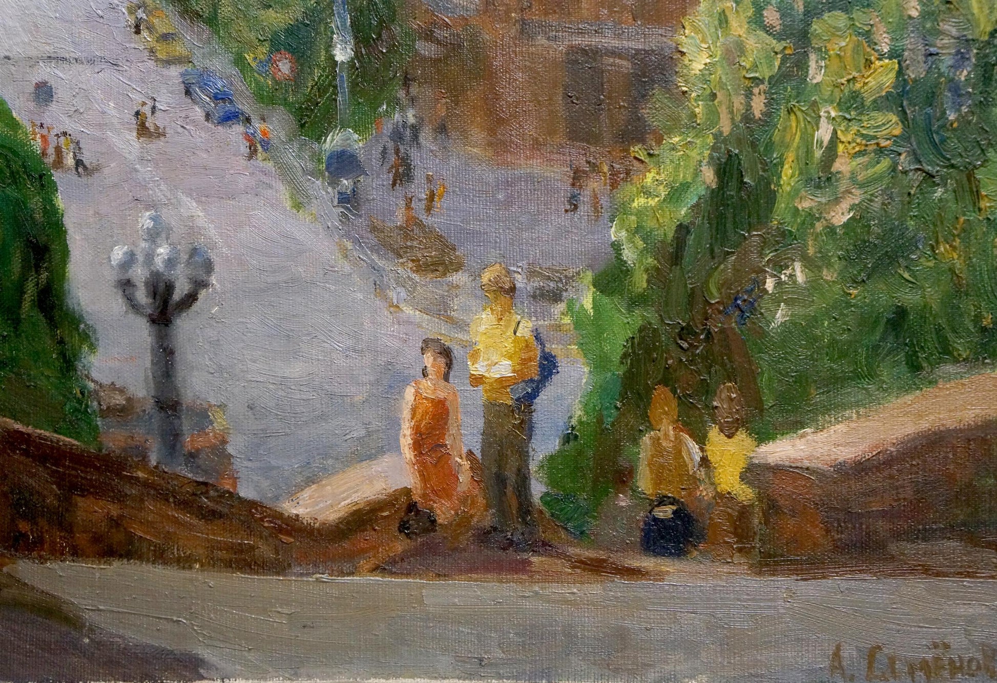 Vibrant impressionist oil painting by Semenov Arseny Nikiforovich, lively city street scene