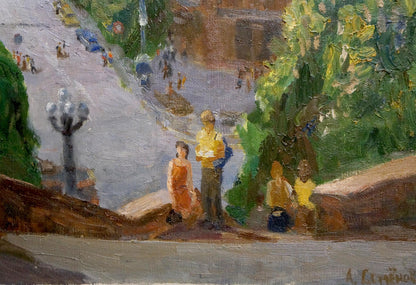 Vibrant impressionist oil painting by Semenov Arseny Nikiforovich, lively city street scene