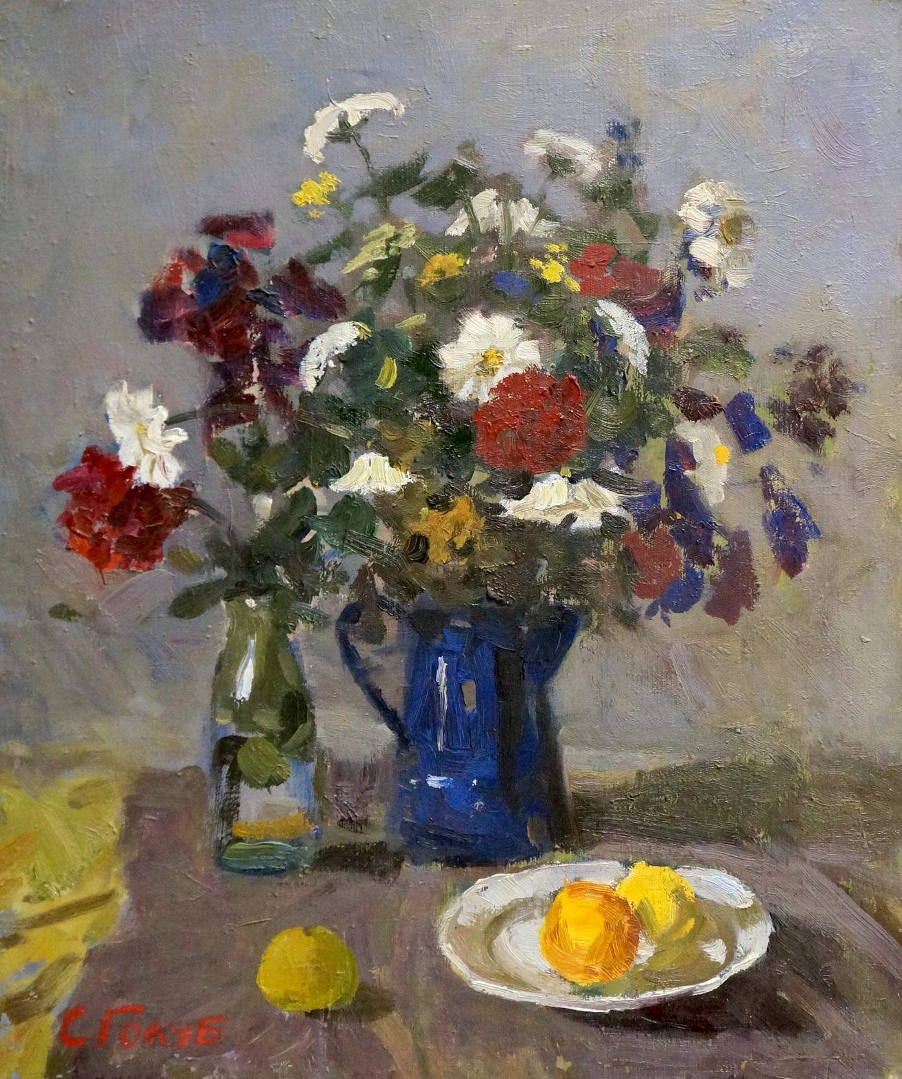 Oil painting Flowers Stepan Golub: vibrant bouquet in blue pitcher