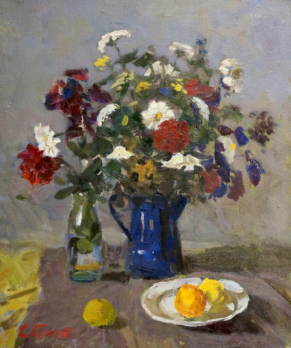 Oil painting Flowers Stepan Golub: vibrant bouquet in blue pitcher