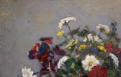 Oil painting Flowers Stepan Golub with red white yellow blossoms