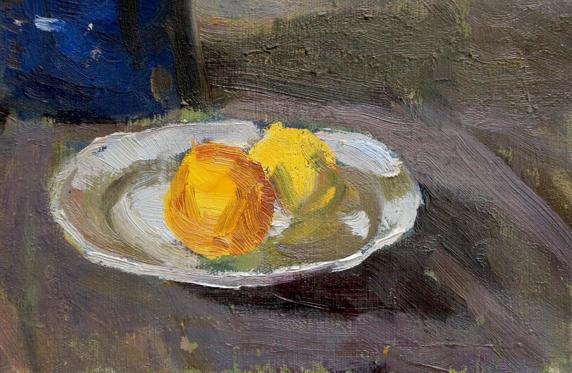 Oil painting by Stepan Golub of vibrant yellow-orange citrus fruit on white plate