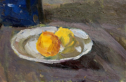 Oil painting by Stepan Golub of vibrant yellow-orange citrus fruit on white plate