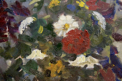 Vibrant oil painting Flowers Stepan Golub with red white flowers and green foliage