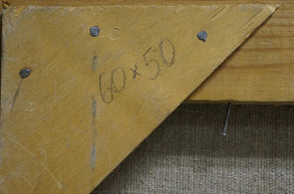 Back of Oil painting Flowers Stepan Golub: yellow wooden stretcher bar 60x50 with metal fasteners