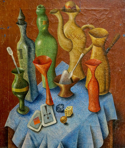 Abstract still life oil painting by Alexander Nikolaevich Lozovoi with colorful ceramic vessels