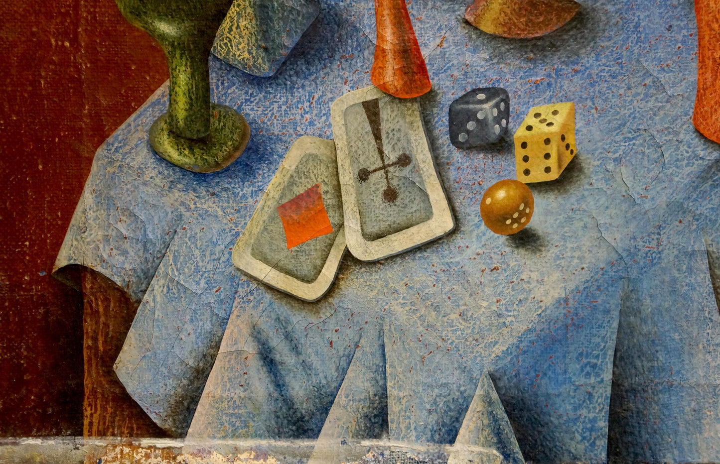 Abstract oil painting by Alexander Nikolaevich Lozovoi: two gray cards with orange-red square on blue fabric