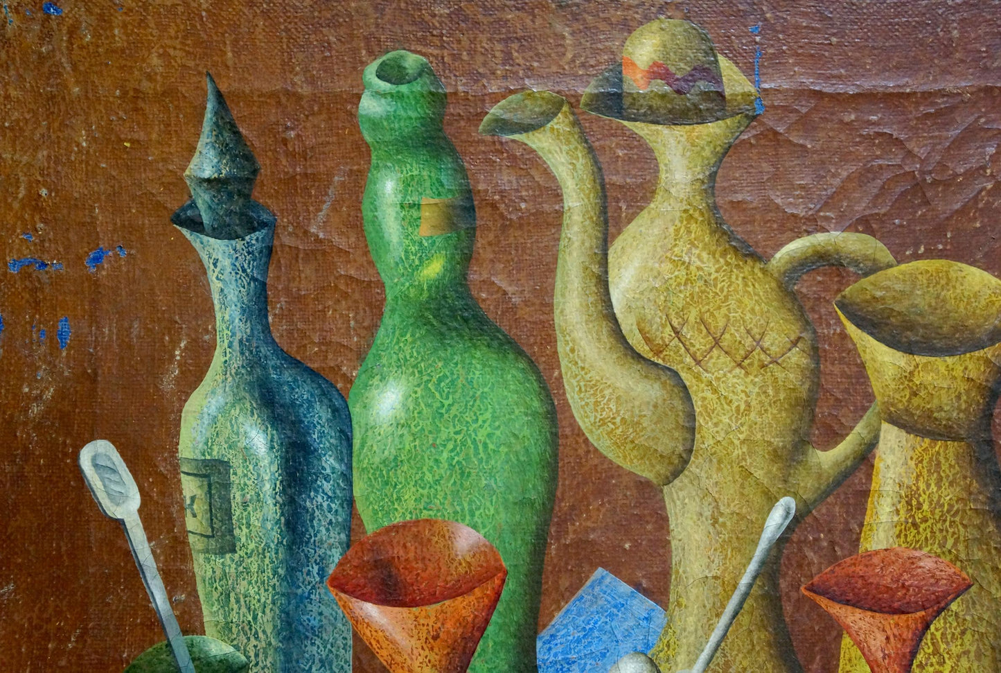 Stylized green glass bottle in Alexander Nikolaevich Lozovoi still life oil painting