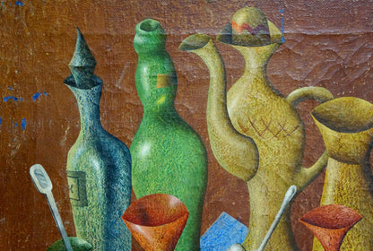 Stylized green glass bottle in Alexander Nikolaevich Lozovoi still life oil painting