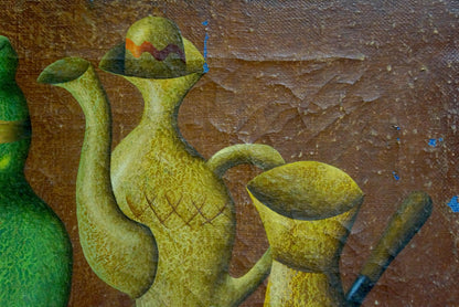 Stylized olive-green ceramic teapot in Lozovoi still life painting