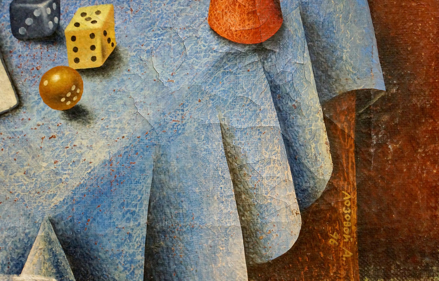 Textured blue tablecloth in Lozovoi abstract oil still life painting