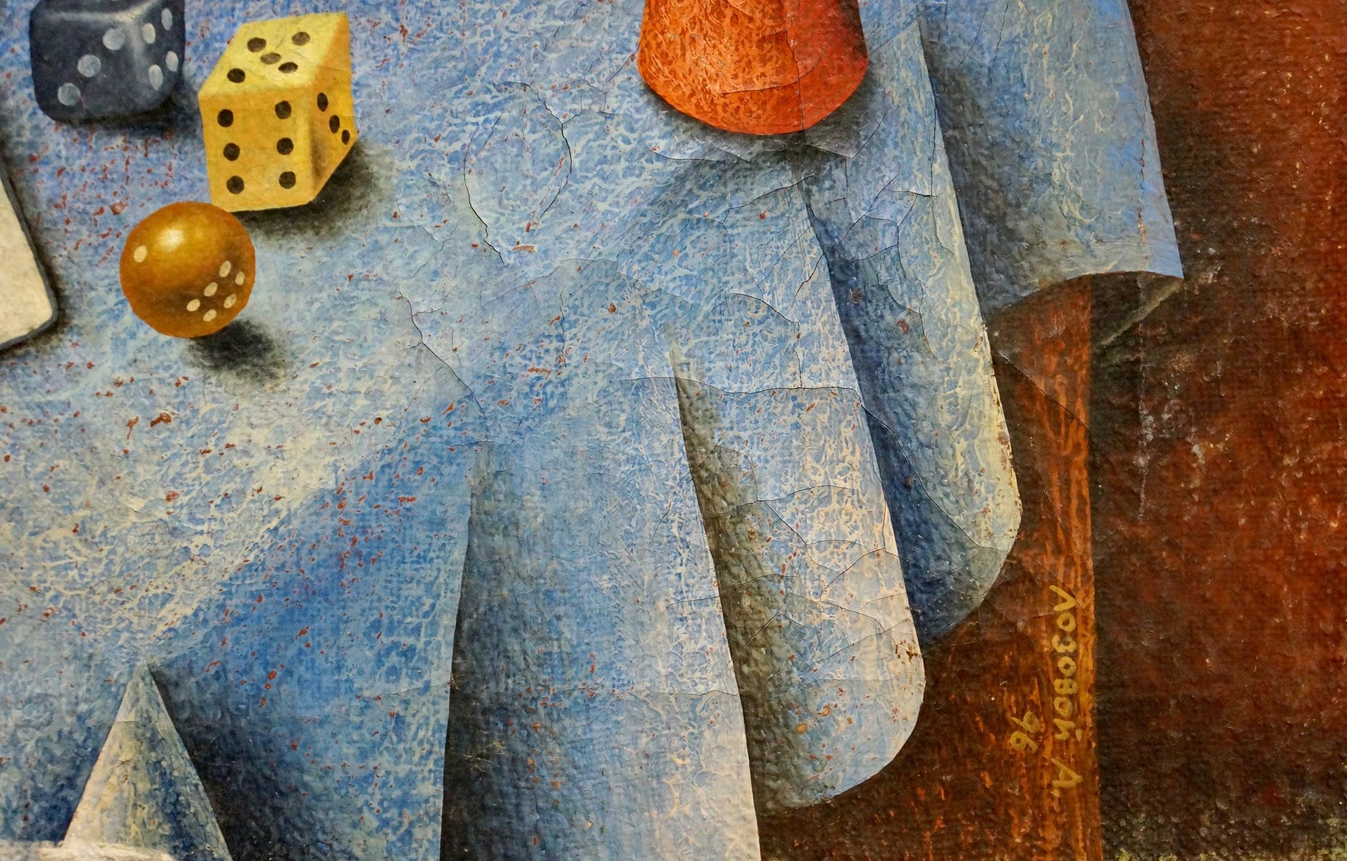 Textured blue tablecloth in Lozovoi abstract oil still life painting