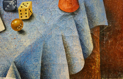 Textured blue tablecloth in Lozovoi abstract oil still life painting