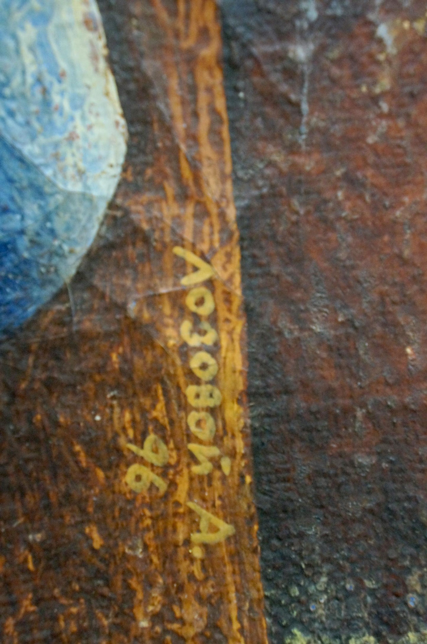 Back of Lozovoi still life painting with weathered plaque reading 96 a