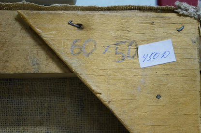 Back of abstract oil painting by Alexander Nikolaevich Lozovoi on worn yellow stretcher bar with dimensions and price tag