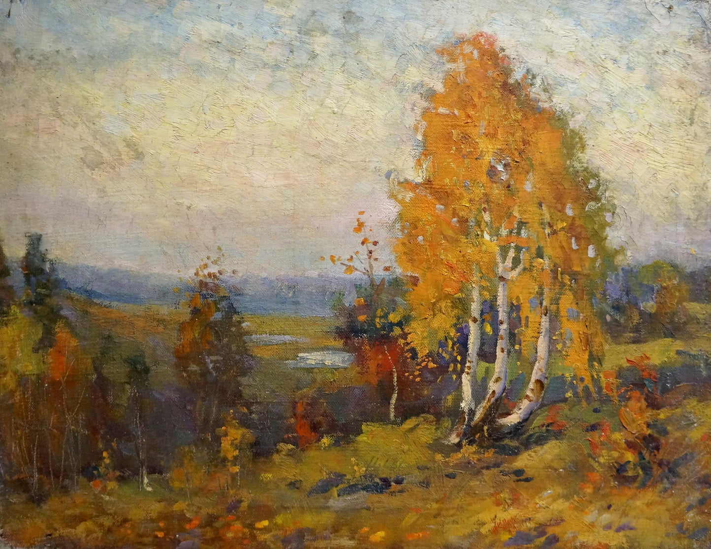 Oil painting Autumn Mynka by Alexander Fedorovich: birch trees in autumn