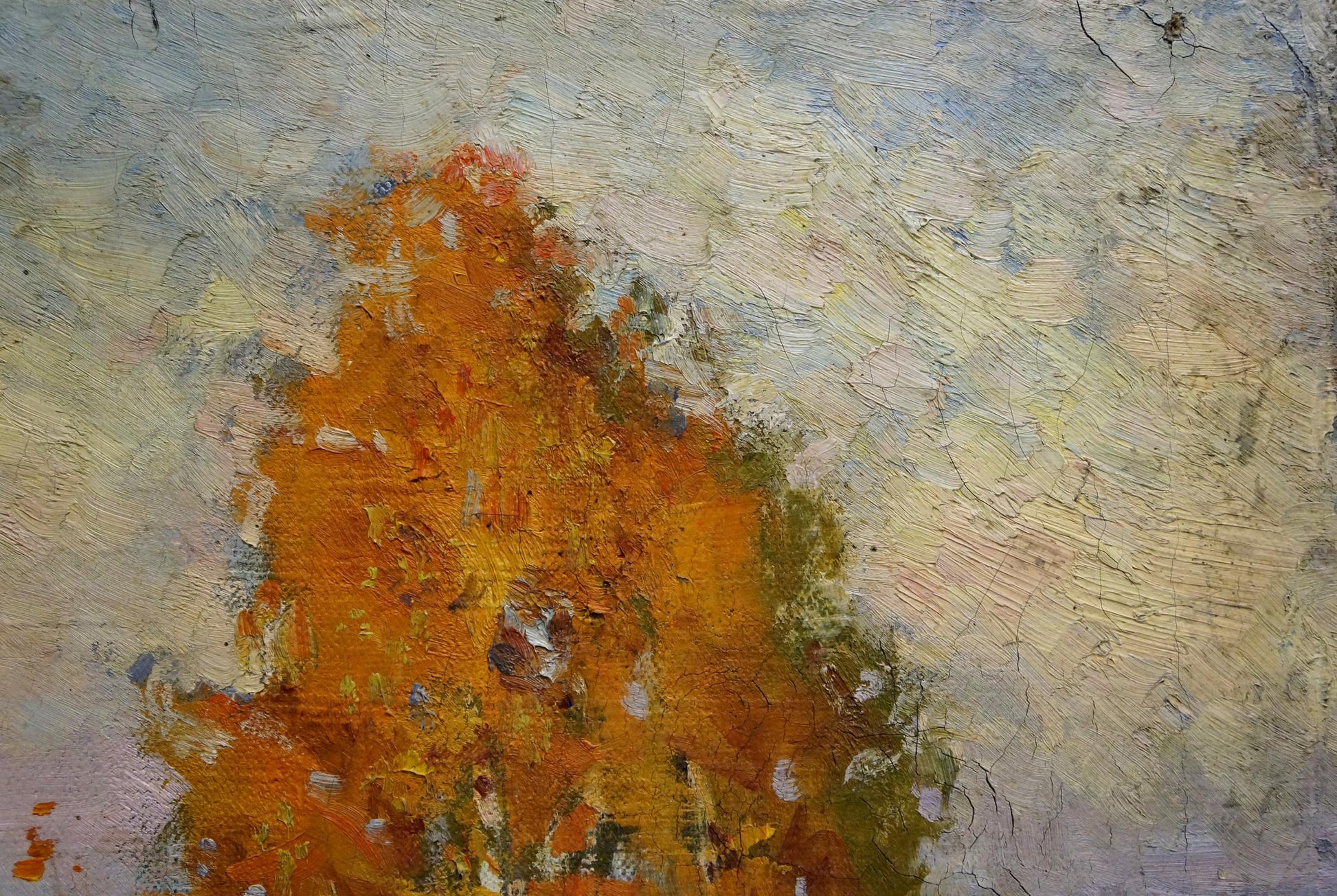 Oil painting Autumn Mynka by Alexander Fedorovich, vibrant orange green abstract on cracked background