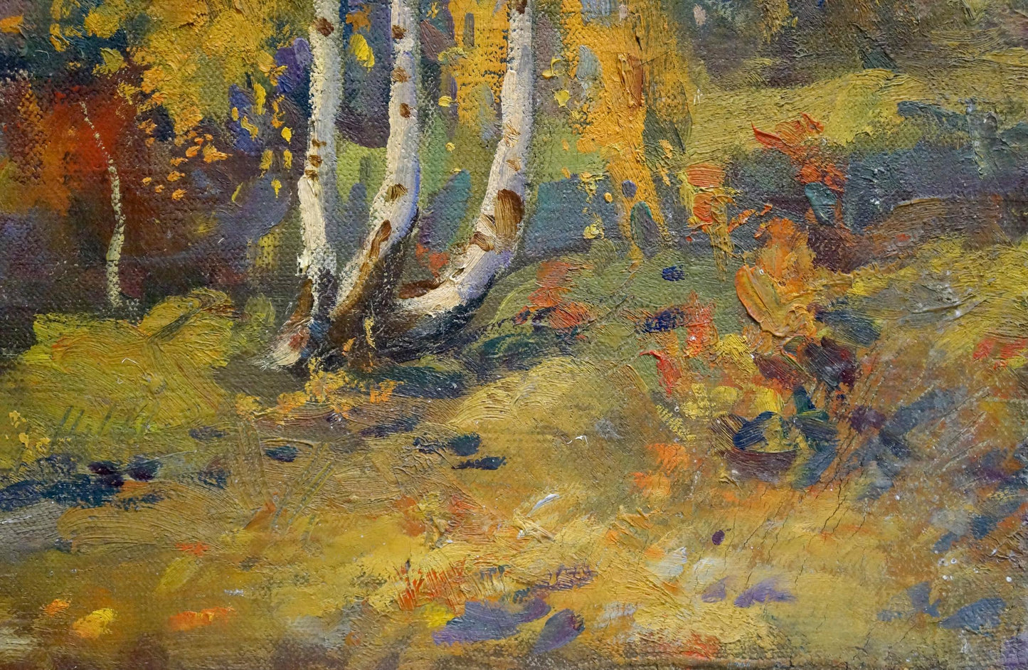 Oil painting Autumn Mynka by Alexander Fedorovich: impressionist birch trees in autumn colors