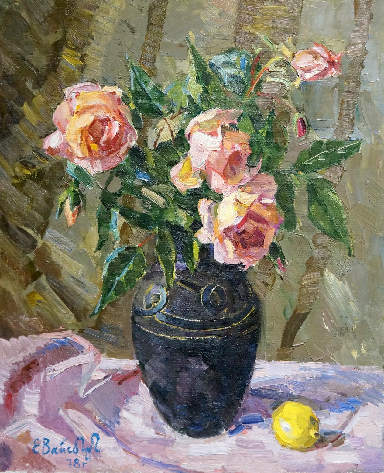 Oil painting of pink peach roses in glossy gold-trimmed ceramic vase by Yefim Yefimovich Vaysburg