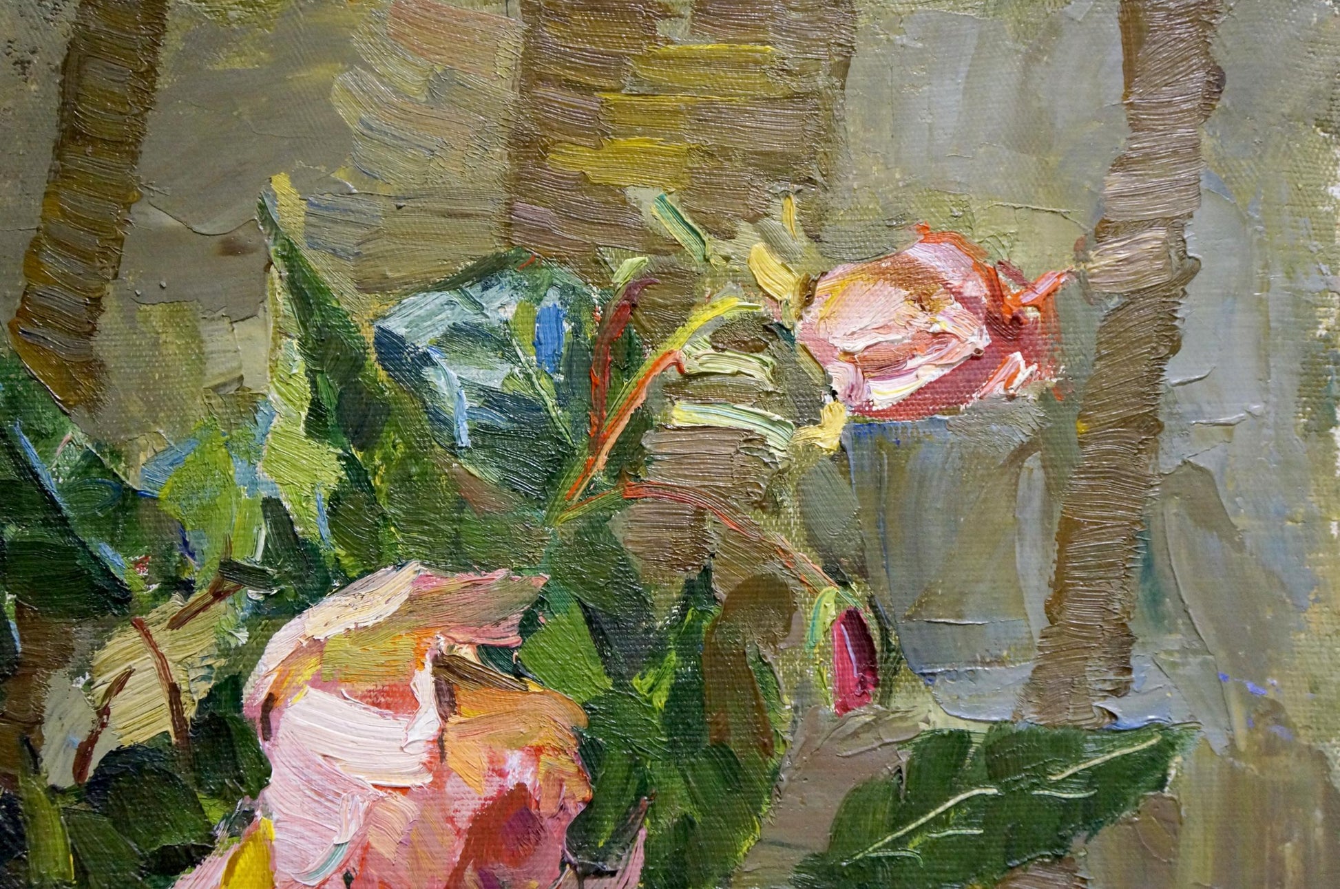 Vibrant impressionist oil painting of pink roses by Vaysburg Yefim Yefimovich
