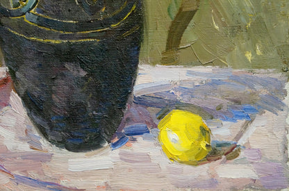 Oil painting Roses by Vaysburg Yefim Yefimovich with yellow lemon and vase