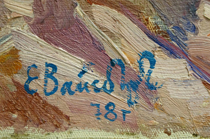 Back of Oil painting Roses by Vaysburg Yefim Yefimovich with blue cursive signature e