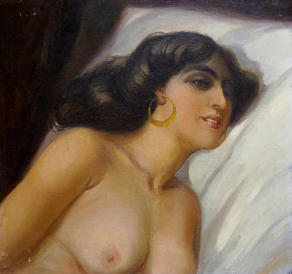 Oil painting of female figure with dark wavy hair and gold hoops on white pillow