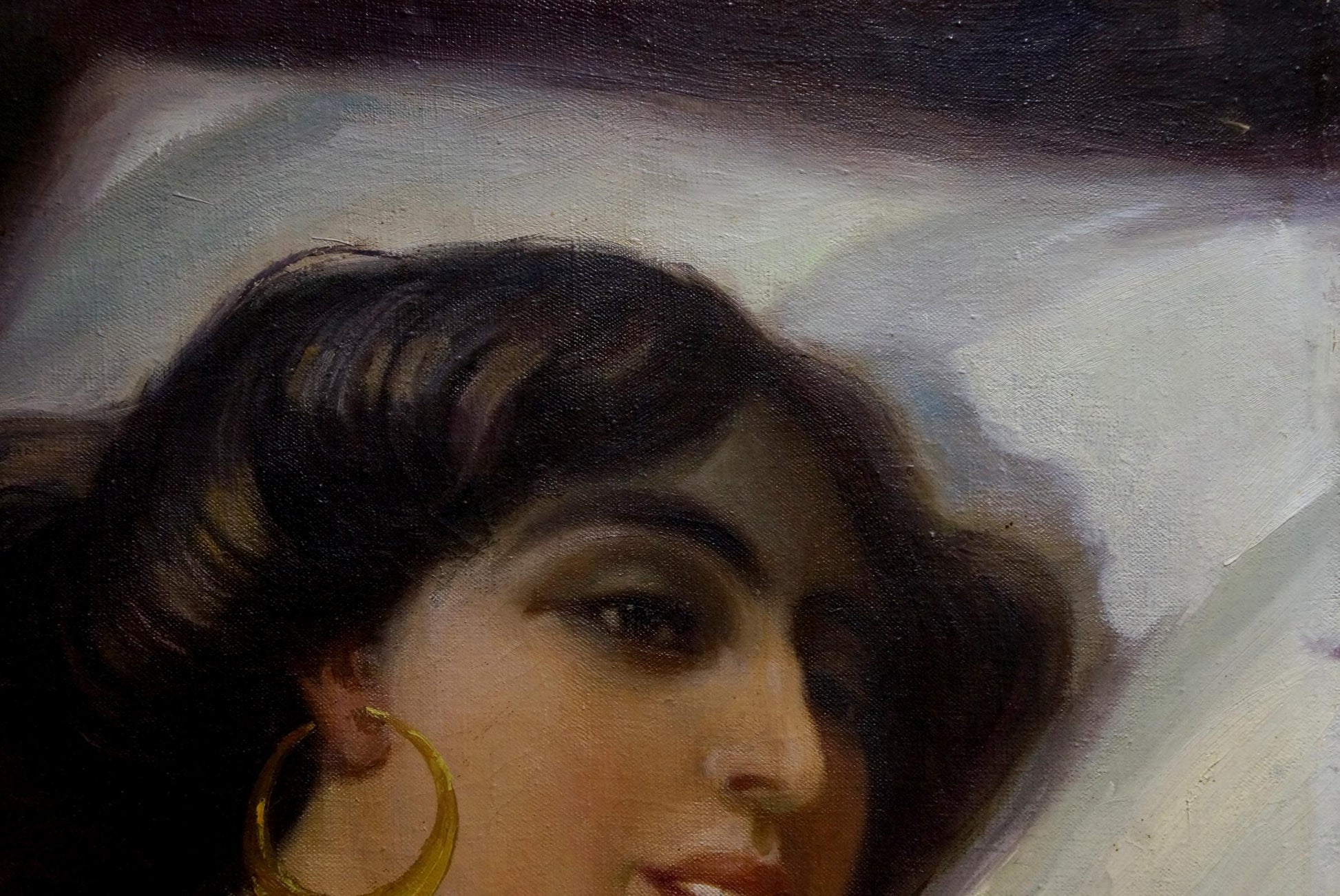 Gold hoop earring in Oil painting Undraped girl artwork