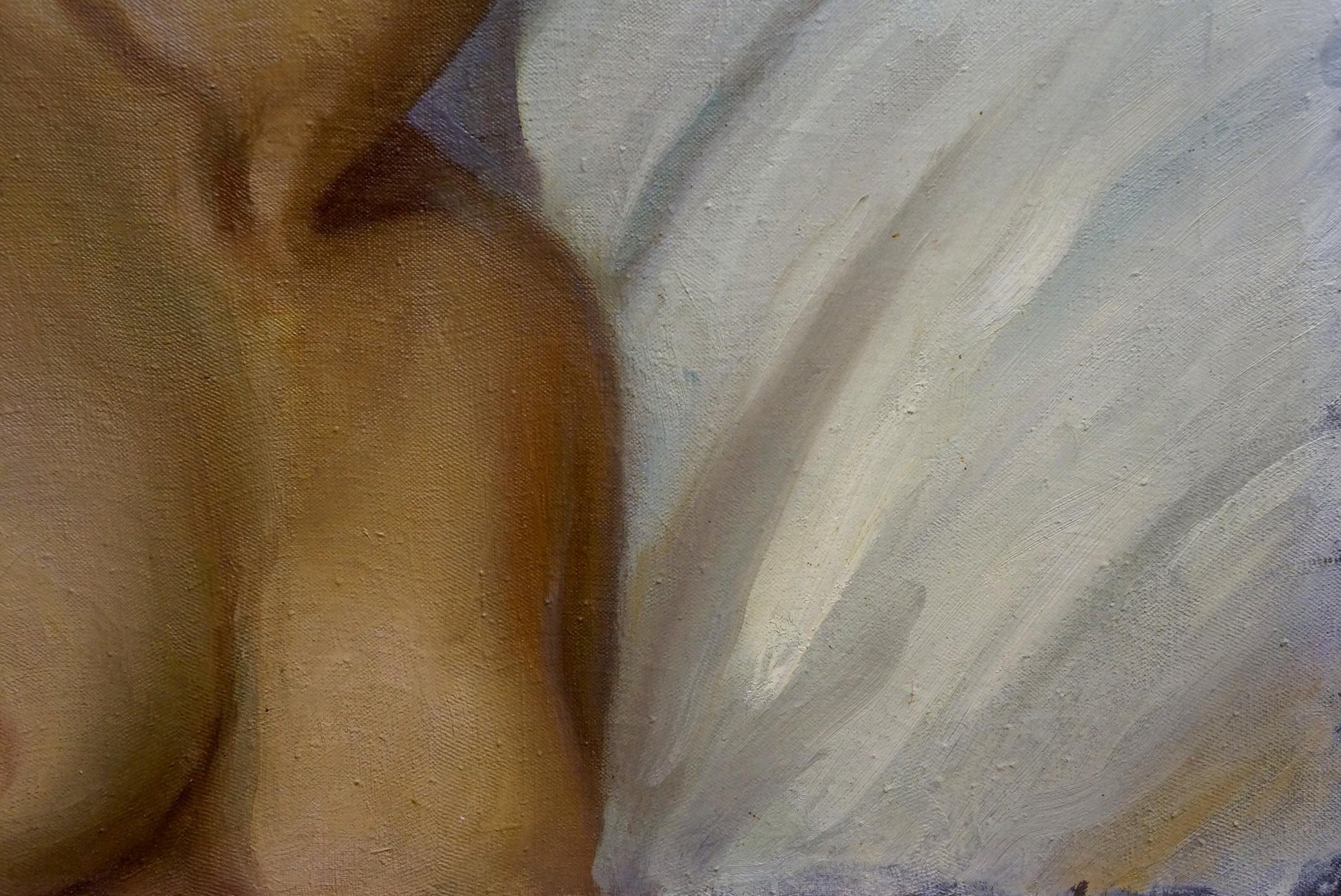 Oil painting of female figure upper torso on textured white fabric