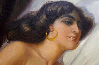 Golden hoop earrings on female figure with dark wavy hair in oil painting