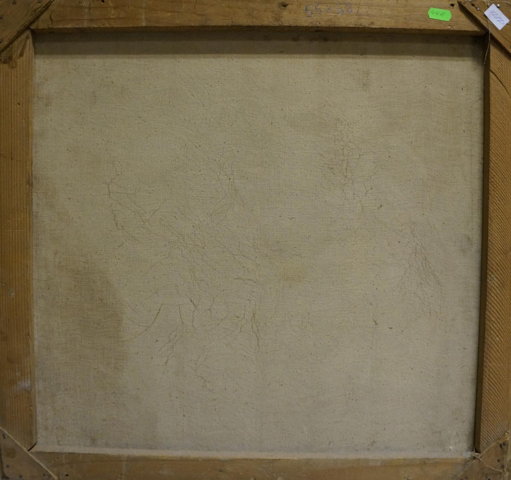 Back of beige canvas oil painting Undraped girl in wooden frame