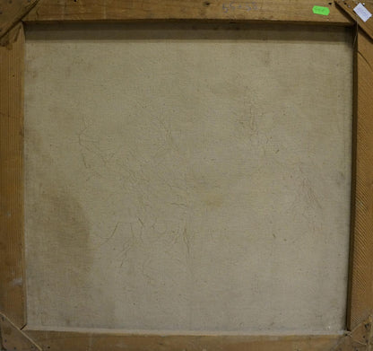 Back of beige canvas oil painting Undraped girl in wooden frame