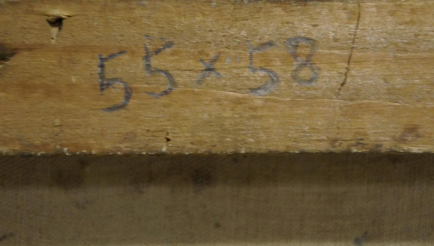 Back of oil painting Undraped girl: weathered plank with faded 55x58 markings