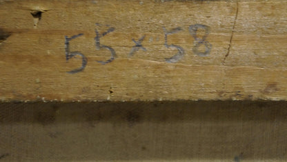 Back of oil painting Undraped girl: weathered plank with faded 55x58 markings