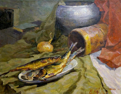 Oil painting by Mykola Romanovych: smoked fish on plate over green cloth