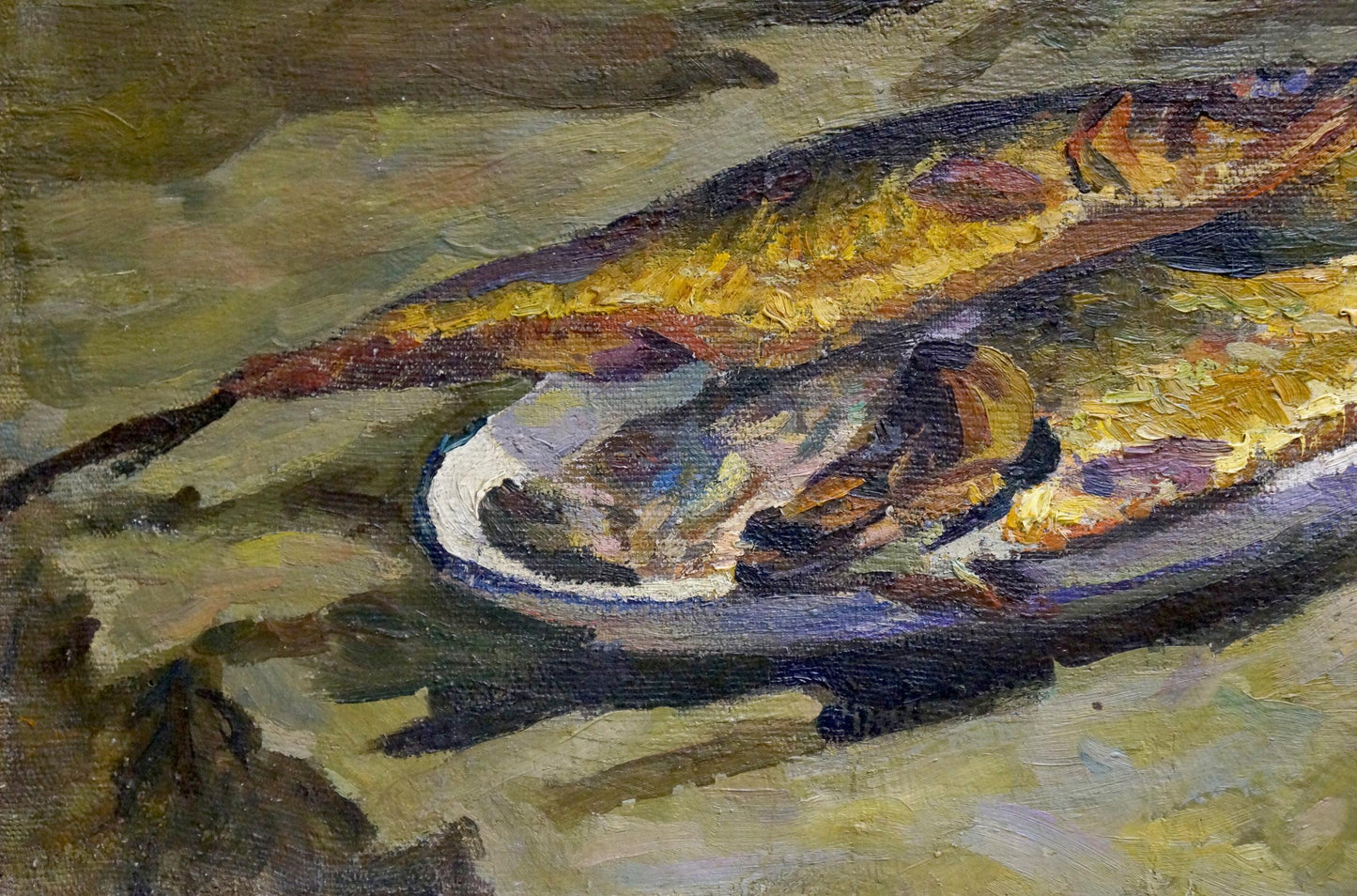 Oil painting of two textured fish on white plate by Varennya Mykola Romanovych