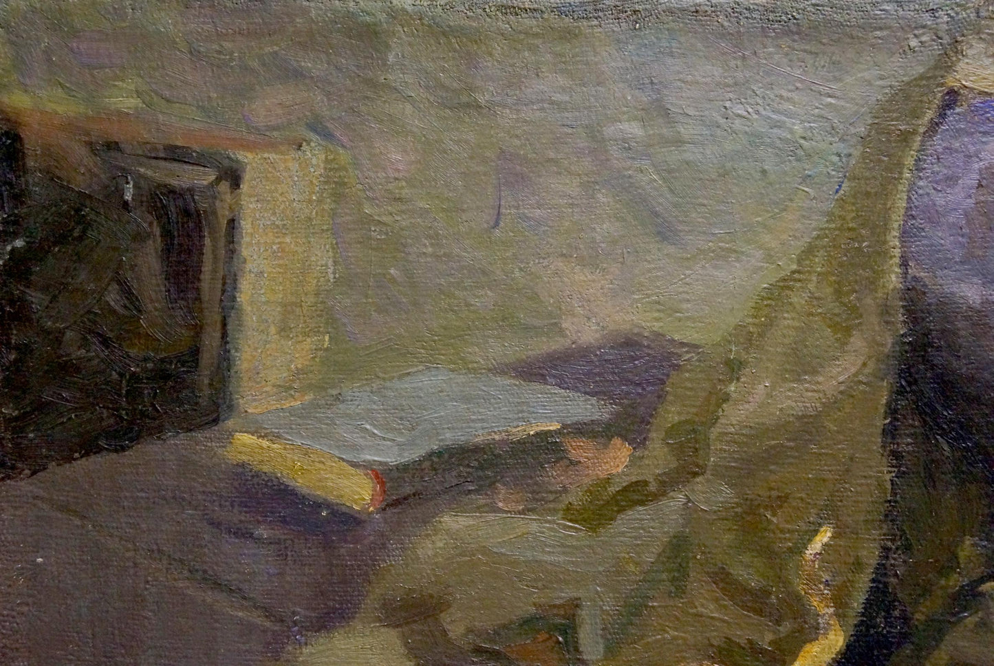 Muted green yellow oil painting of book on table by Varennya Mykola Romanovych
