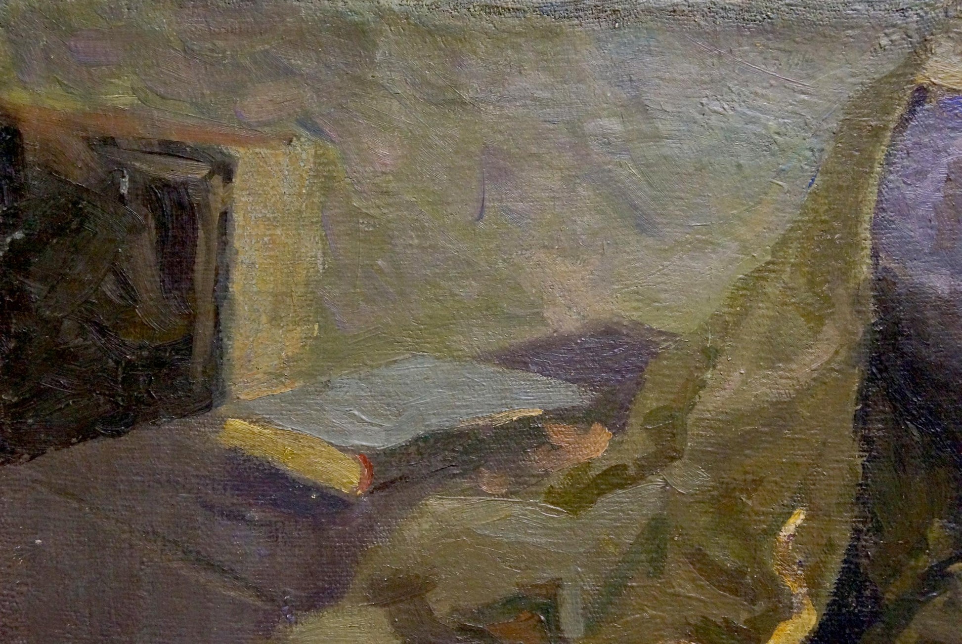 Muted green yellow oil painting of book on table by Varennya Mykola Romanovych