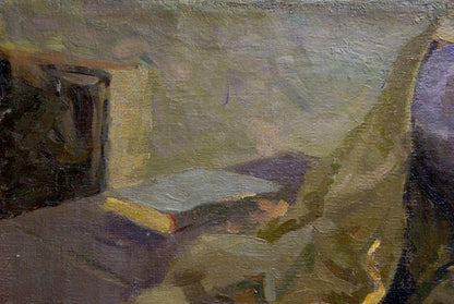 Muted green yellow oil painting of book on table by Varennya Mykola Romanovych