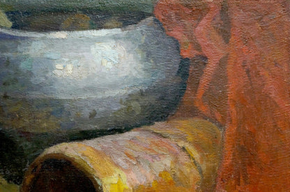 Oil painting of textured metallic bowl by Varennya Mykola Romanovych